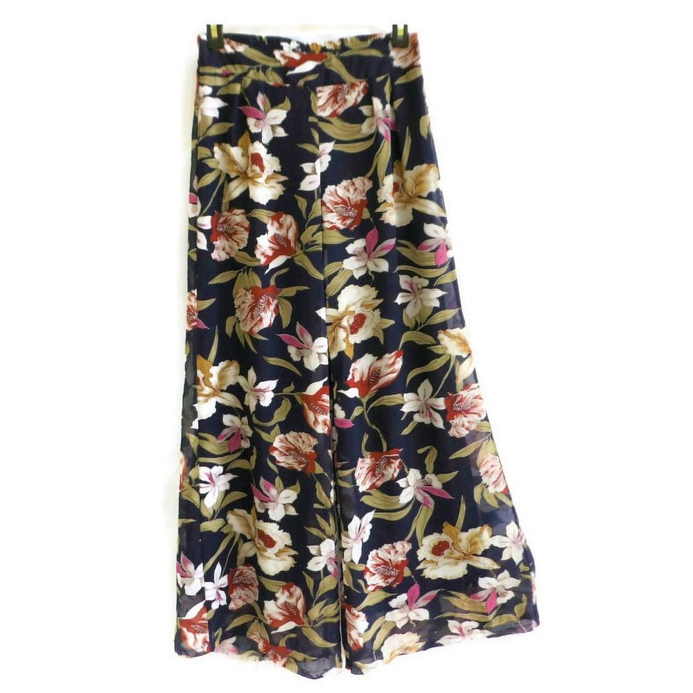 Papaya Pants Palazzo Wide Leg Hawaiian Floral High Waist Lined Resort Wear S